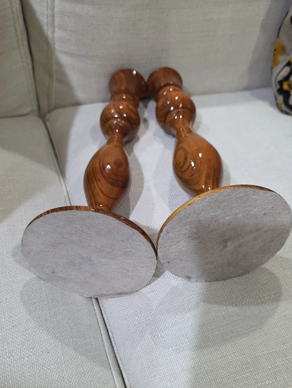 Polished Wood Turned Candlestick Pair - Brown